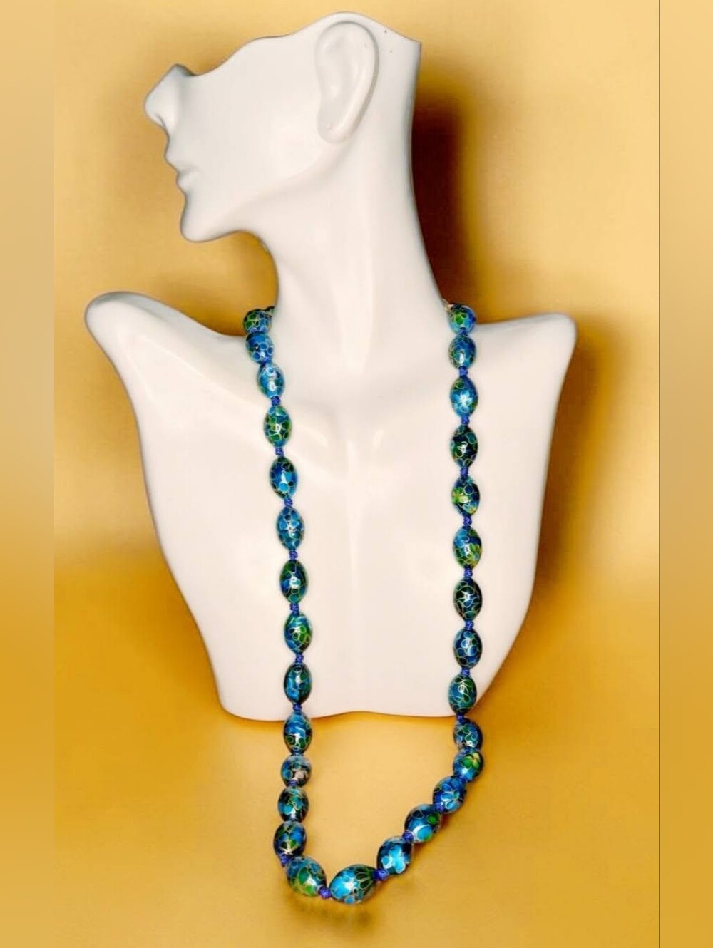 Vintage Hand-Hand-Knotted Blue & Green Cloisonné Enamel Bead Necklace